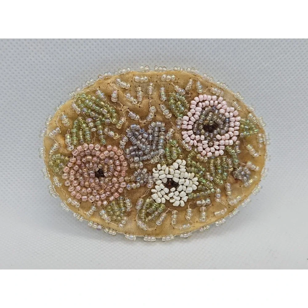 Antique Pink‎ White Pearl Beaded Hand Purse Mirror 3.5